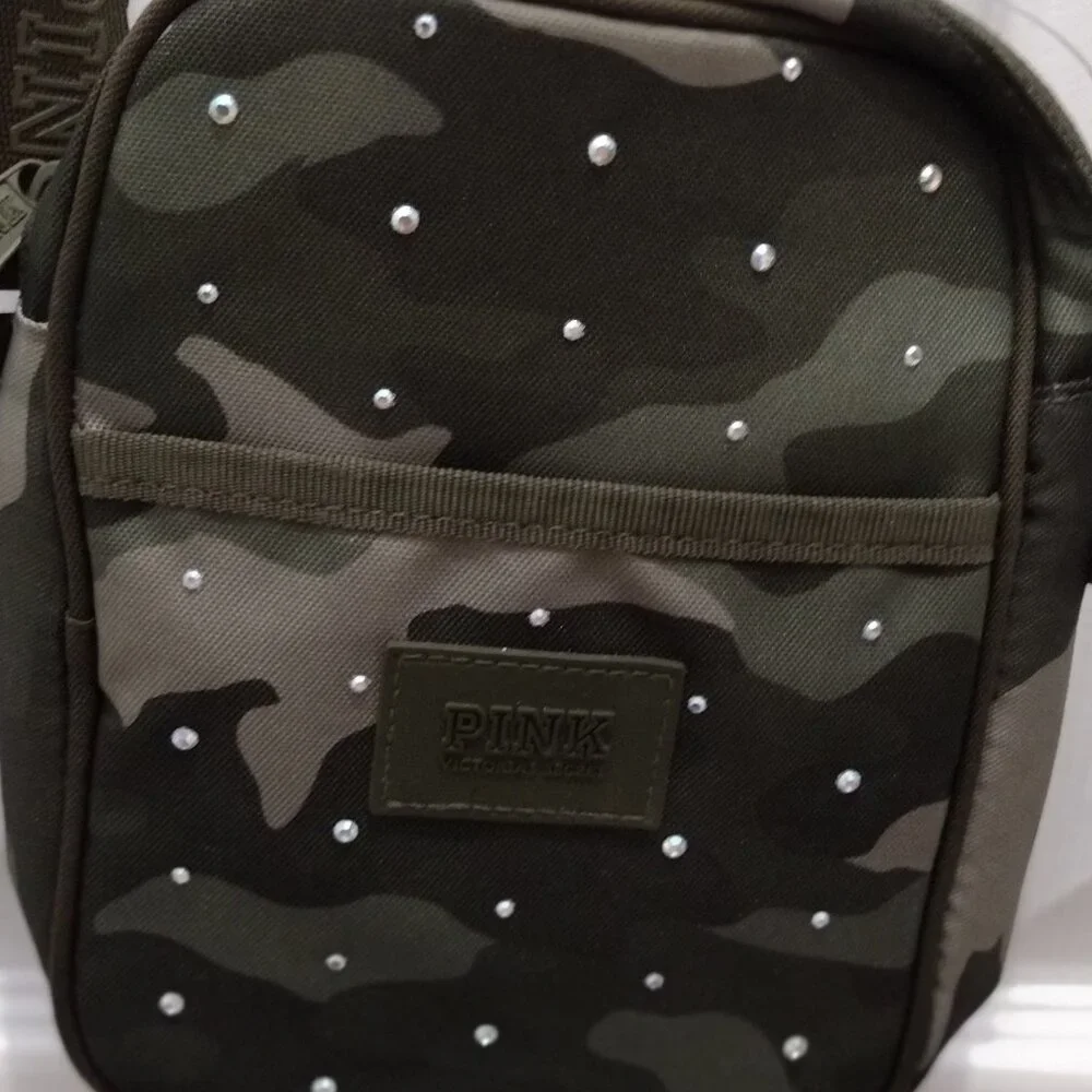 PINK Victoria’s Secret Camo Rhinestone Crossbody Bag Green Studded Mini Purse - Picture 4 of 10